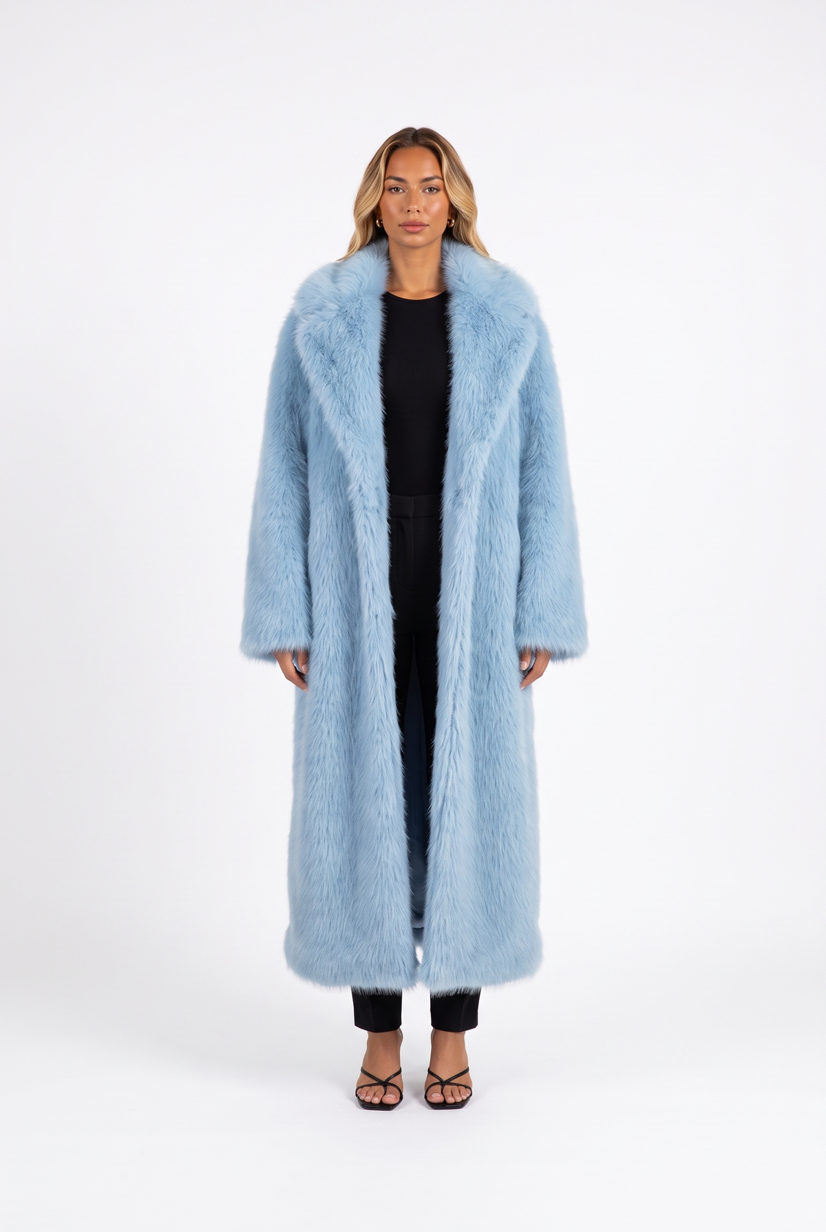 Sky blue long faux fur coat with notched lapels — front