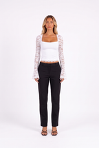 Lace-trim square-neck flare-sleeve top in WHITE — front